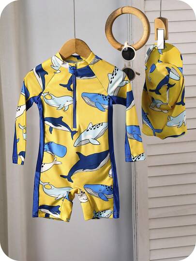SHEIN 2pcs/Set Young Boys Vacation Cute Cartoon Print Contrast Color Long Sleeve Rash Guard & Hat Set, Suitable For Beach, Pool, Spring/Summer Seasons