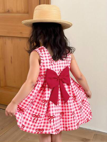 SHEIN 女婴可爱甜美粉色格子蝴蝶结印花连衣裙，深 V 背心，饰有大蝴蝶结，适合幼儿的时尚服装