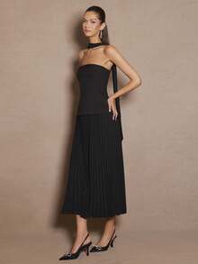 Enchnt 女式纯色简约休闲抹胸连衣裙 - 黑色 - 查看 5