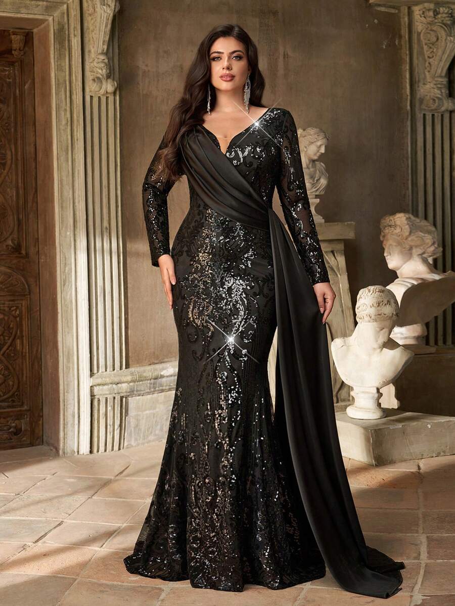 Aureia 大码秋季优雅华丽哥特式黑色亮片花朵拼接缎面V领长袖拼接褶裥飘逸鱼尾修身连衣裙，适合晚宴、单身派对、约会、舞会、节日、婚礼、晚宴等场合（重工款）、情人节