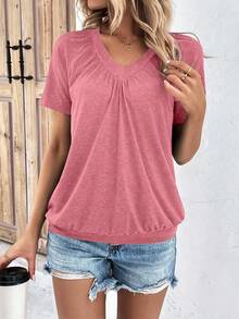 EMERY ROSE Women's Solid Color V-Neck Ruched Raglan Short Sleeve Casual T-Shirt, Summer - Dusty Pink - View 3