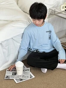 SHEIN 2 件套青少年男孩休闲字母印花圆领长袖 T 恤和裤子宽松舒适睡衣套装 - 藍色 - 查看 4