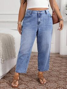 EMERY ROSE Quần jean ống loe cạp cao dáng rộng thoải mái cho nữ cỡ lớn - Màu xanh lam - Xem 6