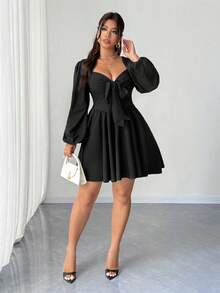 Elenzga Váy ngắn màu đen hở lưng buộc dây gợi cảm cỡ lớn dành cho nữ, mùa thu - màu đen - Xem 4