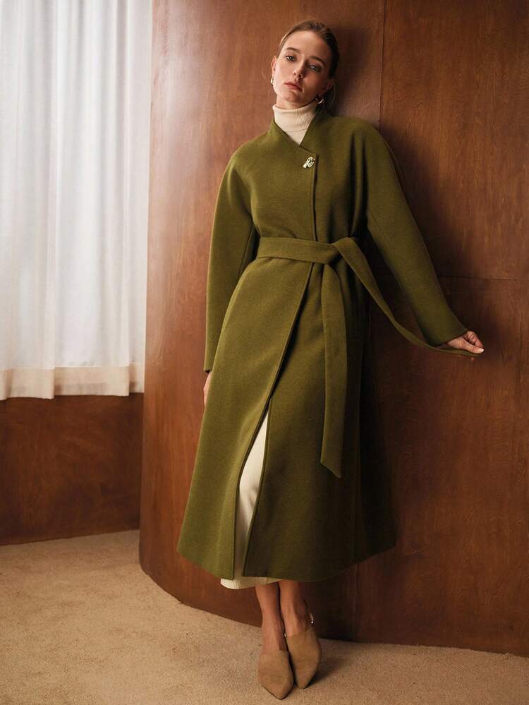 SURPLICE NECK METAL BUCKLE DECOR BELTED LONG OVERCOAT