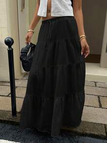 SHEIN EZwear Women's Casual Vacation Multi-Layer Cake Skirt, Suitable For Summer - Black - View 5