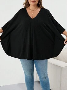 SHEIN CURVE+ بلوزة نسائية سوداء بأكمام خفيفة قصيرة مقاس كبير، مناسبة لمناسبات هالوين والخريف والشتاء - الأسود - مشاهدة 4