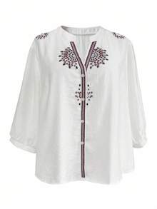 Linhara 大码女式花卉刺绣V领灯笼袖休闲衬衫 - 彩色 - 查看 3