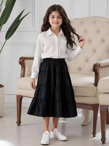 SHEIN Sparklyn 夏季时尚女童拼布宽下摆裙子 - 黑色 - 查看 9