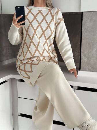 SHEIN Tall Tall Gold Lurex Jacquard Sweater Long Tunic And Solid Sweater Pants Set Elegant And Suitable For Modest Women Winter Sweater Set,Co Ord Sweater Sets For Women