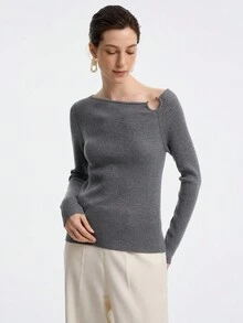 Aalyst 女士优雅修身斜肩金属扣设计长袖毛衣 - 灰色 - 查看 4