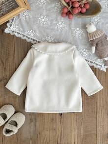 SHEIN 女婴幼儿新生儿0-3岁秋冬休闲优雅不对称领蝴蝶结大衣 - 杏色 - 查看 2