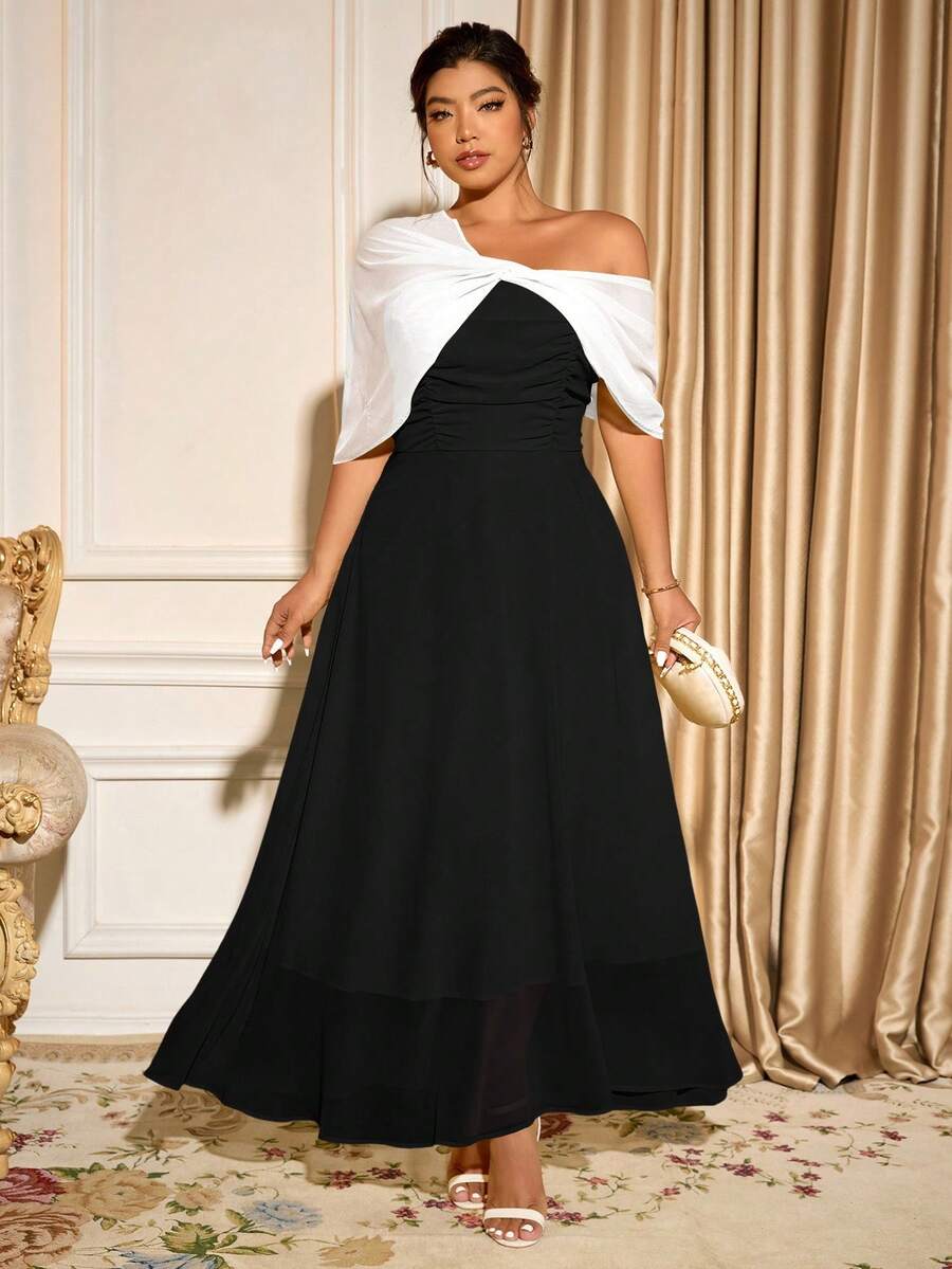 Cravure Đầm thanh lịch thời trang cá tính cho nữ cỡ lớn đa năng - Đen và trắng - Xem 1