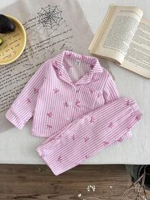 SHEIN 女婴幼儿新生儿0-3岁秋冬条纹蝴蝶结长袖衬衫休闲套装，适合居家和户外 - 粉色 - 查看 6