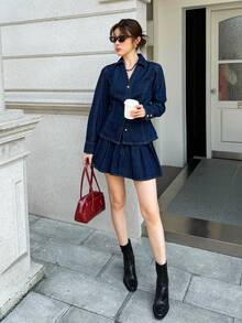 K-Vae 女士全牛仔蓝色复古做旧风格短裤套装，长袖单排扣上衣和百褶裙休闲牛仔套装，返校节服装，外出装，商务休闲女装