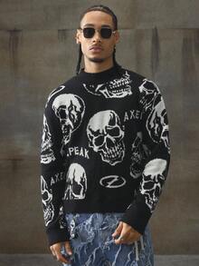 AXEPEAK Men's Skull & Dark Pattern Punk Hip Hop Pullover Sweater, Fall Winter - Black - View 3