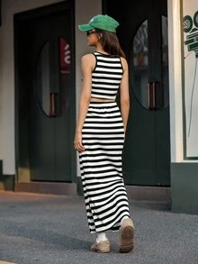 Teen Girl Striped Round Neck Top And Skirt Two-Piece Set - Black and White - View 2