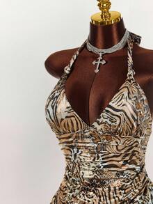 Amplova Plus Size Animal Print Knotted Backless Mini Bodycon Dress - Multicolor - View 5