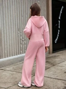 Hanevo Tween Girl Hooded Zip-Up Sweatshirt And High Waisted Thermal Lined Pants Jumpsuit - Pink - View 2