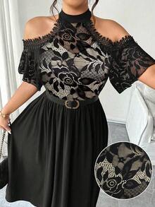 Elenzga 加大码 V 领蕾丝拼接弹力针织面料露肩短袖荷叶边饰腰部喇叭下摆休闲度假派对中长连衣裙 - 彩色 - 查看 3