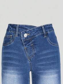 青少年女孩 Y2K 风格牛仔裤，做旧蓝色水洗，弹性紧身喇叭腿休闲裤，适合日常穿着 - 中等水洗藍 - 查看 3