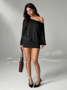 SHEIN PETITE Váy mini ôm sát tay dài hở vai gợi cảm, phong cách đường phố cho lễ hội âm nhạc, váy mùa hè cho nữ - màu đen - Xem 9