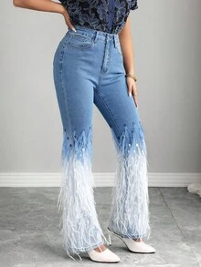 Elenzga Patchwork Fringe Flare Jeans - Medium Wash - View 5