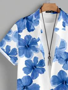 Manfinity Homme 中国风青花瓷芙蓉花满版修身男士短袖衬衫套装 - 藍色 - 查看 3