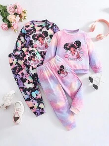 SHEIN 2件套女童休闲运动舒适长袖连帽衫，秋季 - 彩色 - 查看 3