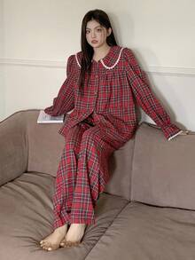 Dazy Plus 大码女式格子领喇叭袖上衣和裤子圣诞新年睡衣套装，春秋季，秋冬季服装格子睡衣酒红色睡衣套装 - 紅色 - 查看 5