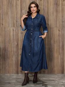 EMERY ROSE Plus Size Women Elegant Belted Denim Dress