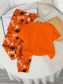 SHEIN Baby Boys Casual Stylish Classic Cool Halloween Pattern Print, Spider, Ghost, Pumpkin, Bat Graphic Round Neck Short Sleeve Top And Pants Set, Halloween Costume - Multicolor - View 3