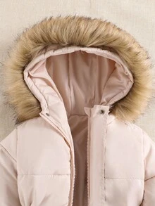 SHEIN Explorewe 1pc Young Girl Fashion Pink Hooded Fluffy Collar Cotton Padded Jacket, Soft & Comfortable Material, Suitable For Autumn/Winter, Outdoor, School, 2025 Back To School Season, Collegiate Style & Campus Sportswear, Popular Girls' Mid-Length Cotton Coat Toddler Girl Winter Coats Girls Winter Coats Girls Puffer Jacket Toddler Girl Puffer Coat Girls Hooded Winter Coat Fall - Baby Pink - View 6