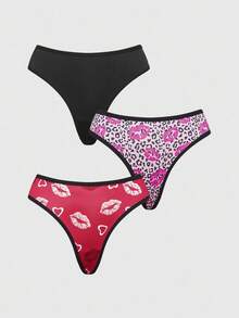 ROMWE J-Fashion 3pcs/Set Women's Leopard Print Lip Pattern Criss-Cross Thong Panties - Multicolor - View 1