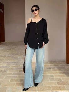 K-Vae 女士秋冬黑色不对称肩长袖衬衫，设计师衬衫，日常通勤衬衫 - 霧霾藍 - 查看 2