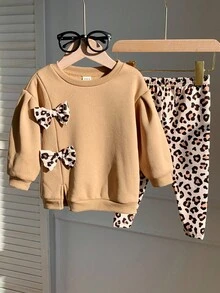 2pcs Baby Girl Casual Comfortable Versatile Leopard Print Bow Crew Neck Fleece Thick Sweatshirt And Leopard Print Leggings Tracksuit Set Fall Winter - Khaki - View 7