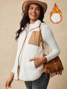 Boho Mama 孕妇休闲度假西式撞色拉链口袋无袖泰迪羊毛轻便保暖背心夹克，秋冬 - 白色 - 查看 6