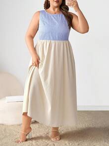 Enliva Plus Size Women's Blue And White Striped Midi Dress With Diamond Detail/Autumn /Winter