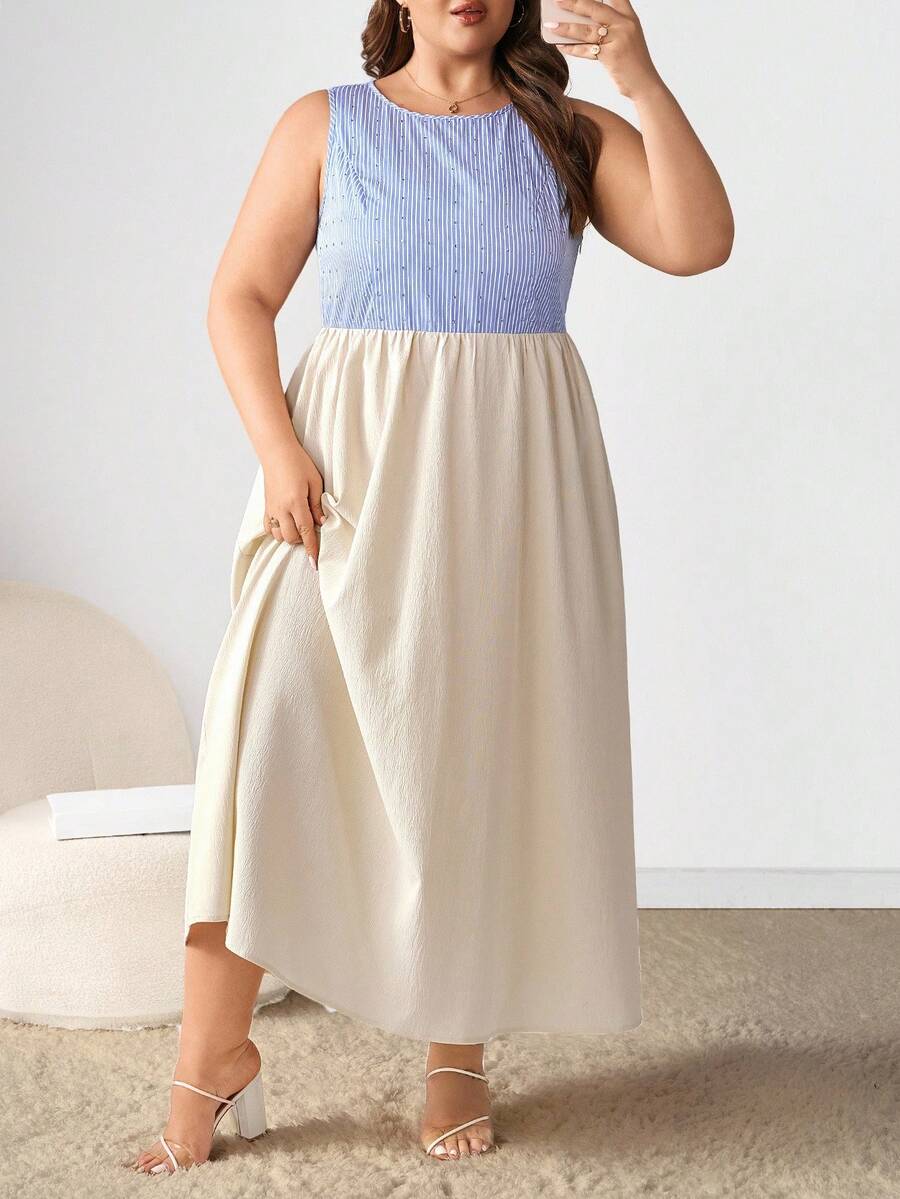 Enliva Plus Size Women's Blue And White Striped Midi Dress With Diamond Detail/Autumn /Winter