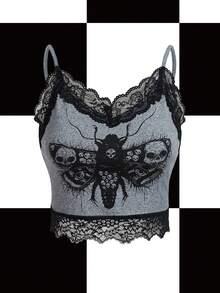 Y2Kool Robin Top de tirantes con encaje en contraste y estampado de calavera oscura, para verano, vacaciones, primavera, playa, salir, festival, Ibiza, se adapta a la colección de ropa casual de otoño, elegante, nuevos atuendos de año nuevo