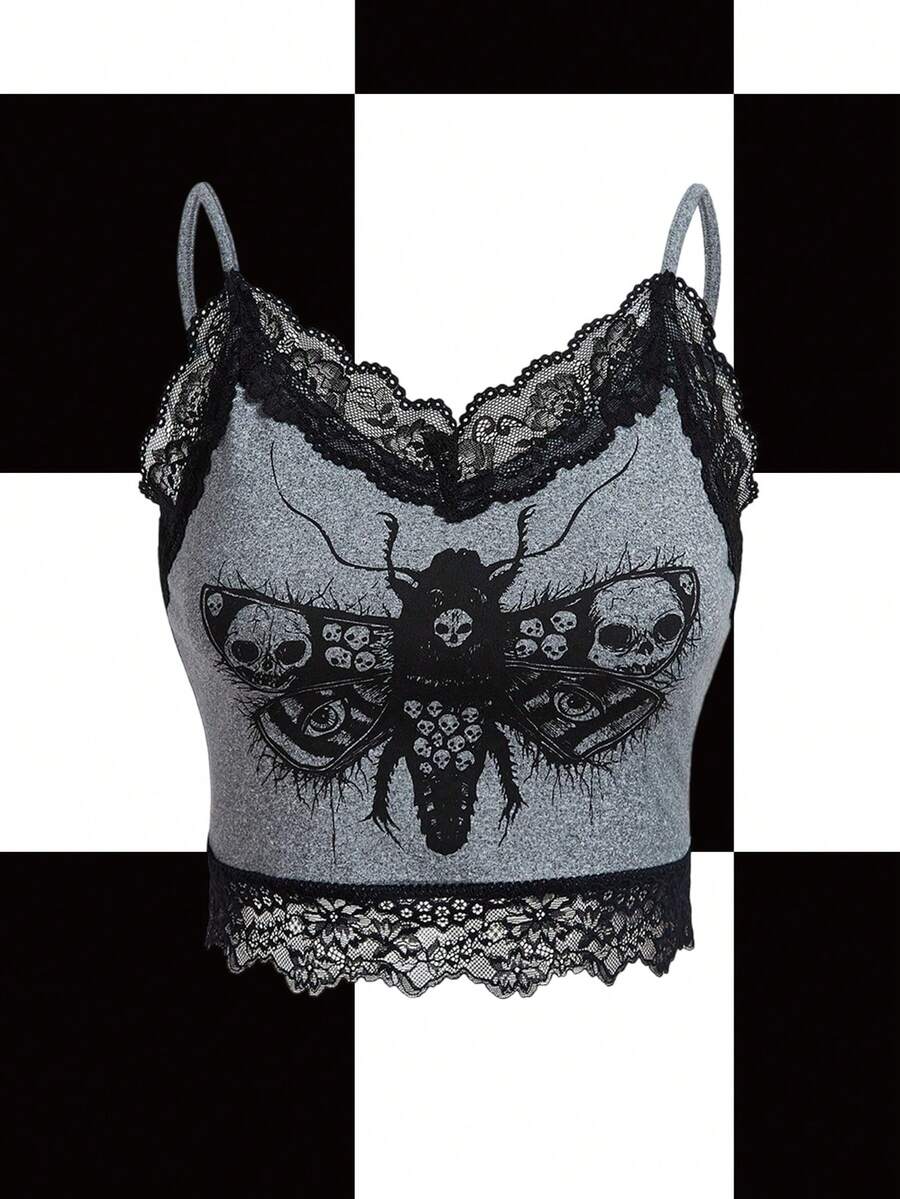 Y2Kool Robin Top de tirantes con encaje en contraste y estampado de calavera oscura, para verano, vacaciones, primavera, playa, salir, festival, Ibiza, se adapta a la colección de ropa casual de otoño, elegante, nuevos atuendos de año nuevo