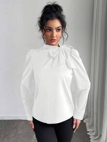 Rafferiza 女士纯色优雅百搭系带领泡泡袖衬衫 - 白色 - 查看 5
