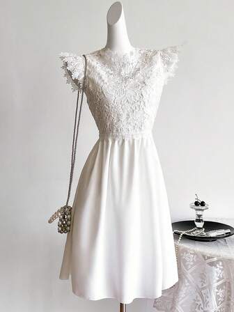 SHEIN Sweetra Young Tonåring Flickans Lapptäcke Spets volang Armhåla Klänningar