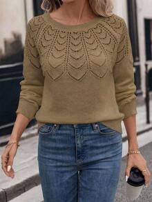 SHEIN 女士纯色圆领长袖休闲衬衫，适合新年穿着 - 卡其色 - 查看 3