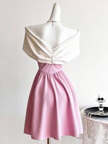 SHEIN Sweetra Young 少女露肩蝴蝶结拼接粉色迷你连衣裙，优雅休闲度假装，适合春夏季，女孩化装舞会，公主风格，花卉/装饰设计，无传统图案