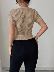 Elenzga Women's Hollow Out Soft Rope Knit Bow Decor Pullover Top, Suitable For Beach - Apricot - View 2