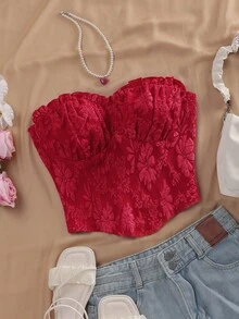 SHEIN Tall CURVE Vacation White Sexy Ruched Textured Fabric Bustier Crop Top With Ruffle Hem, - Red - View 1