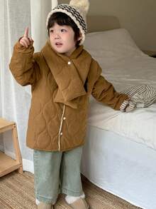 SHEIN 1 Áo khoác chần bông dày thời trang cho bé trai, Áo khoác đệm dáng rộng cho bé trai kèm khăn quàng, Áo khoác ngoài bằng cotton có đệm cho bé trai, Áo khoác mùa đông cho bé trai - màu nâu - Xem 4