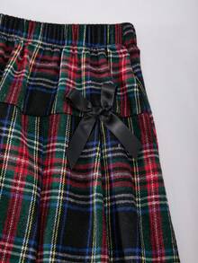 SHEIN Sparklyn Tween Girls Plaid Collared Puff Sleeve Cardigan Top With Elastic Waist Pleated Skirt, Academic Style For Spring & Autumn Fall Winter