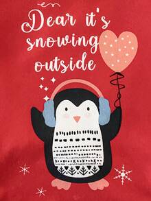 2pcs Baby Girls' Christmas Penguin & Star Heart Print Cozy Casual Crew Neck Long Sleeve Top And Leggings Pajama Set, Autumn/Winter - Red - View 4